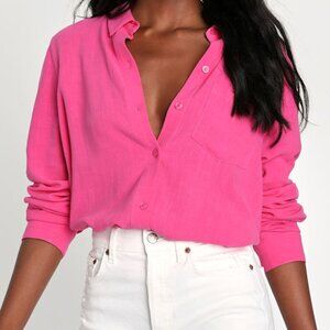 Lulus Fave 'fit Hot Pink Linen Long Sleeve Collared Button-up Top - Size S